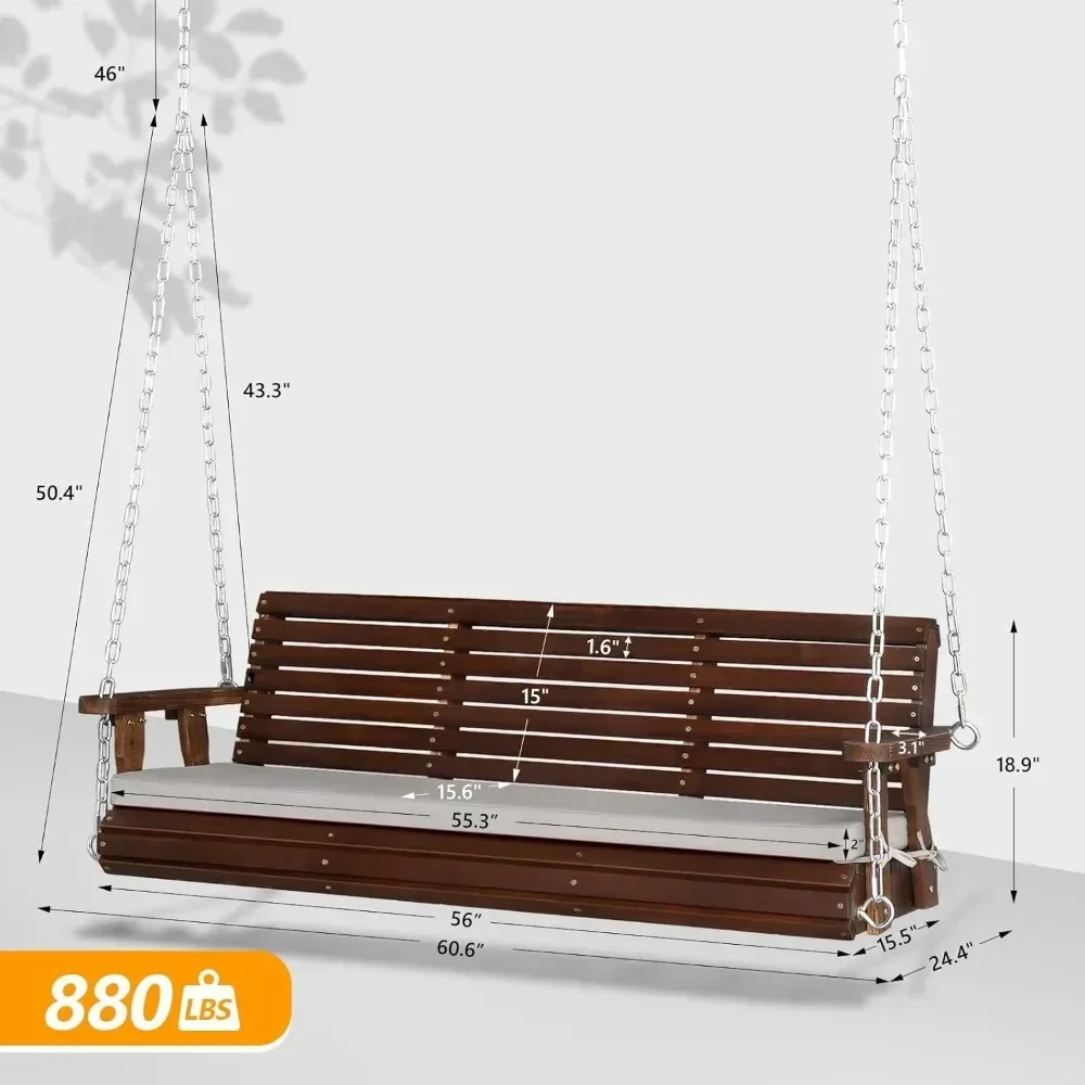 for Heavy Duty 880 LBS Patio Wooden Porch Swing Outdoor with Extra Cushion, Farmhouse Hanging Bench Tree Swing with Adjustabl