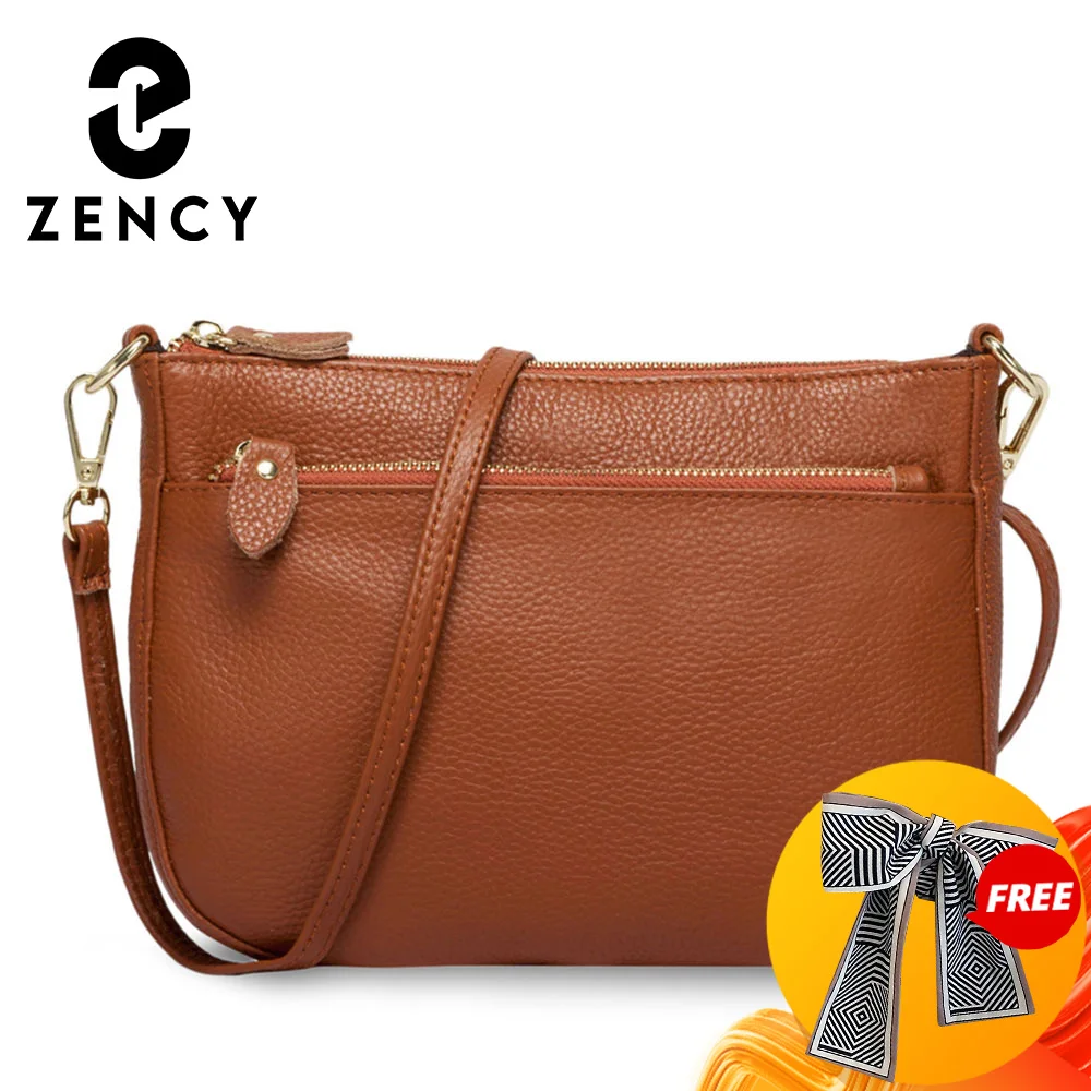 Zency Fashion Damska Torba na Ramię 100% Skóra Naturalna Brązowa Torebka Mała Torba z Klapką Prosta Damska Torba na Ramię Portfel Listonoszka