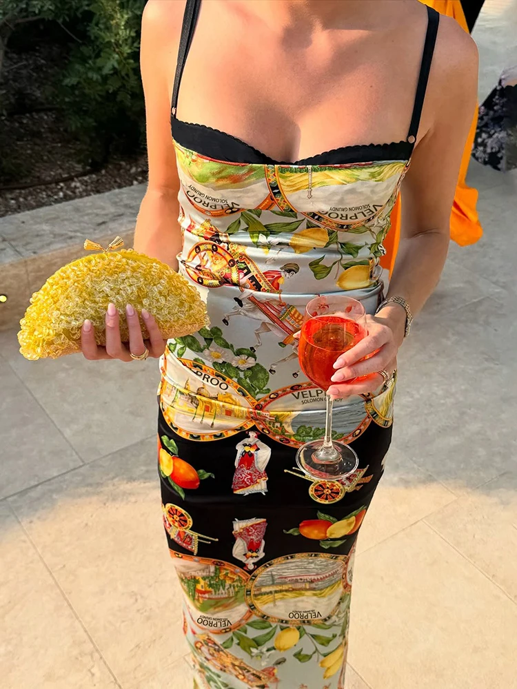 Nibber Chic Patchwork Straps Kleid Frauen Y2K Zitrone Druck Ärmellose Dünne Enge Urlaub Strand Party Elegante Bankett Vestidos