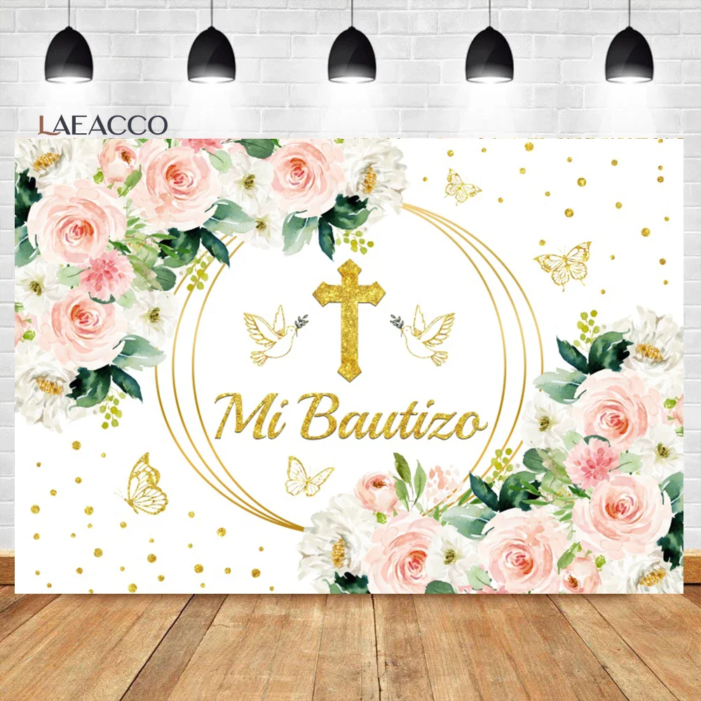 Laeacco Mi Bautizo Backdrop Cute Angel Gold Cross Peace Dove Boy Girl Baptism Christening Portrait Custom Photography Background