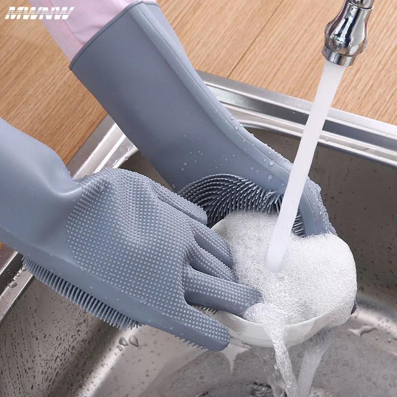 

Dishwashing Cleaning Gloves Magic Silicone Rubber Dish Washing Gloves for Household Sponge Scrubber Kitchen Cleaning Tools