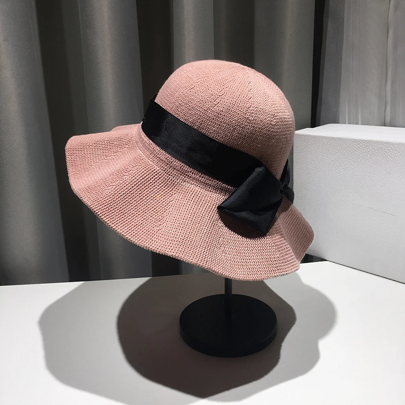 Spring Summer Women Bow Knitted Cloche Hat Classic Solid Color Bucket Hat Sunhat Fisherman Caps Casual Foldable Beach Cap