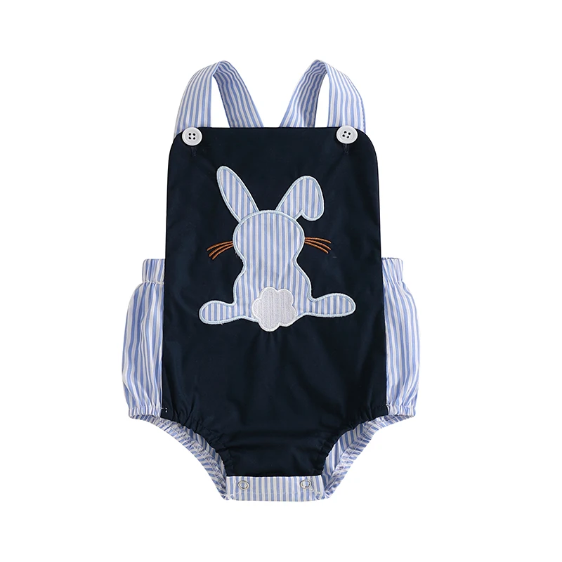 Baby Easter Romper Sleeveless Square Neck Bunny Carrot Embroidery Bodysuit Newborn Playsuit