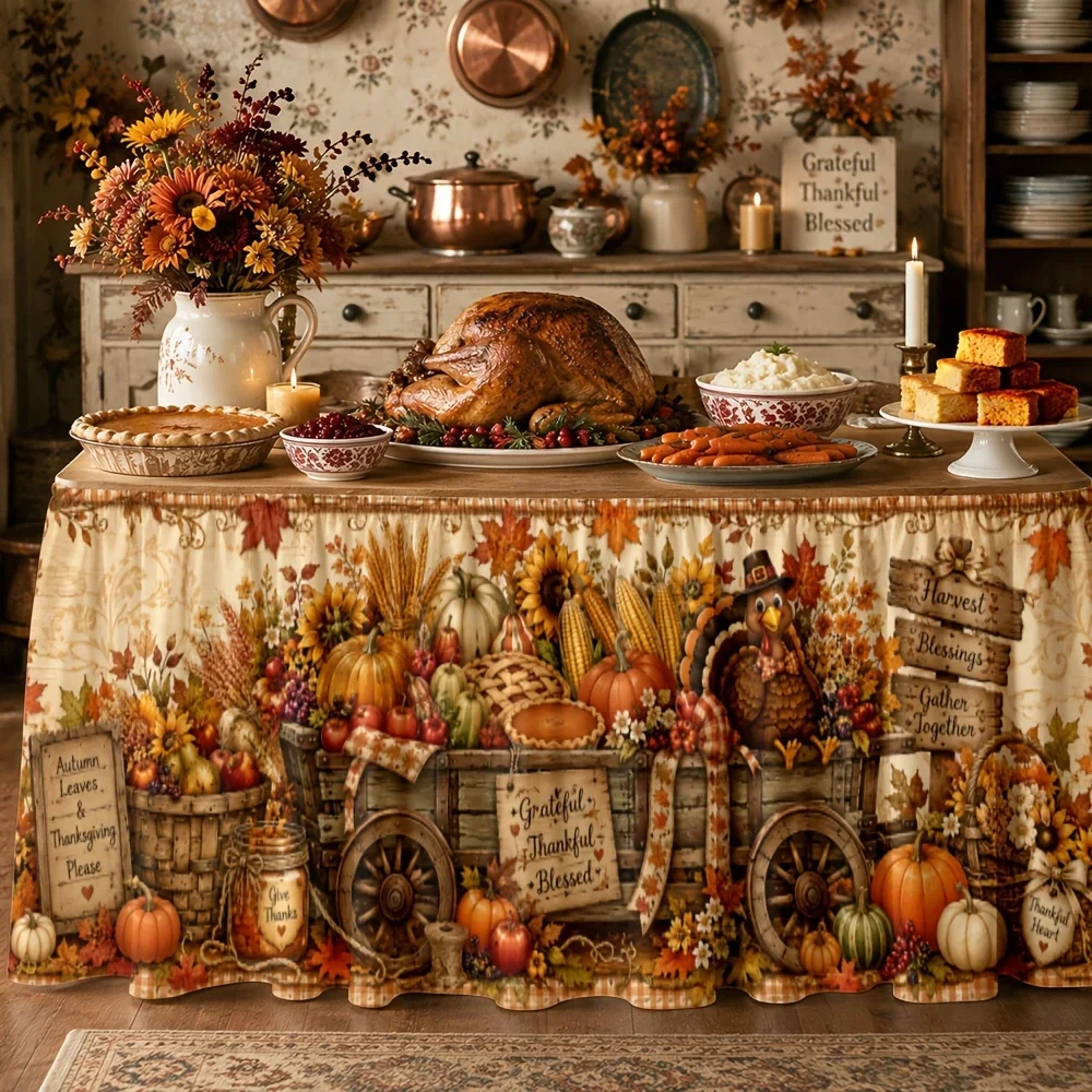 Table Skirt for Parties - Polyester Autumn Harvest Farmhouse Decorative Table Center Decor - Kitchen Autumn Festival