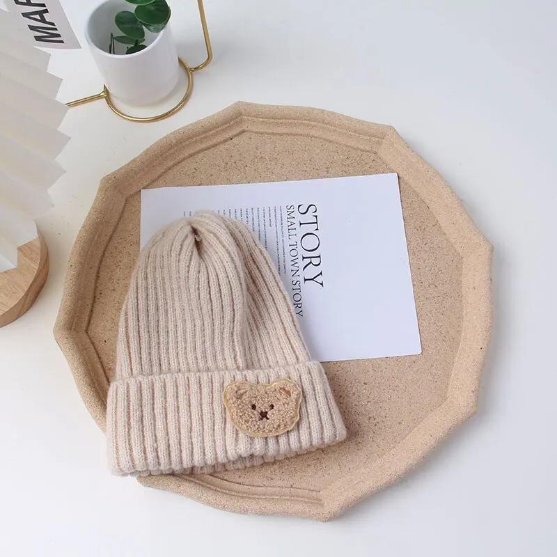 Cute Bear Baby Knit Hat Solid Color Soft Comfortable Toddler Beanies for Boy Girl Cartoon Autumn Winter Warm Kids Knitted Hat