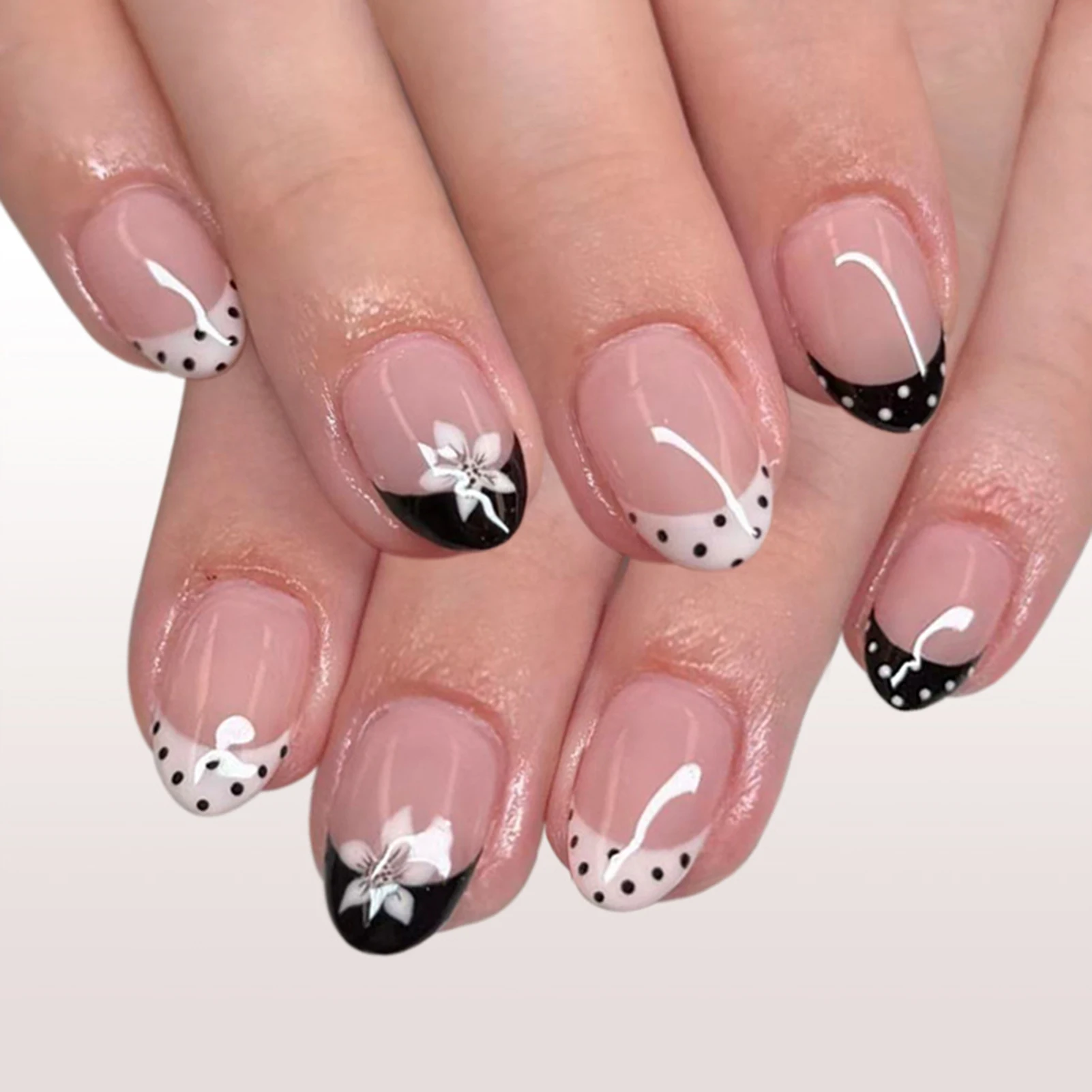 Schwarz/weiße French-Tip-Kunstnägel, 24 Stück, kurze, ovale Press-On-Nägel mit Blumen-/Polka-Dot-Print, Nude-Farbe, zum Aufkleben, Nagelkunst