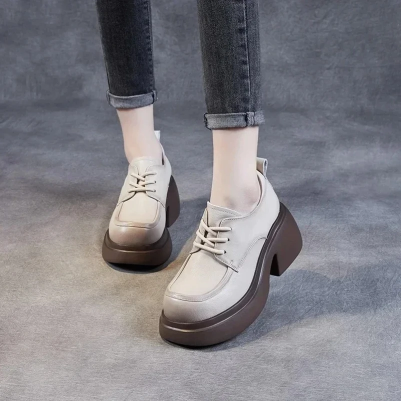 

Женские мокасины на танкетке в британском стиле, 7,5 см, удобная резиновая обувь на шнуровке из натуральной кожи, весенне-осенняя обувь