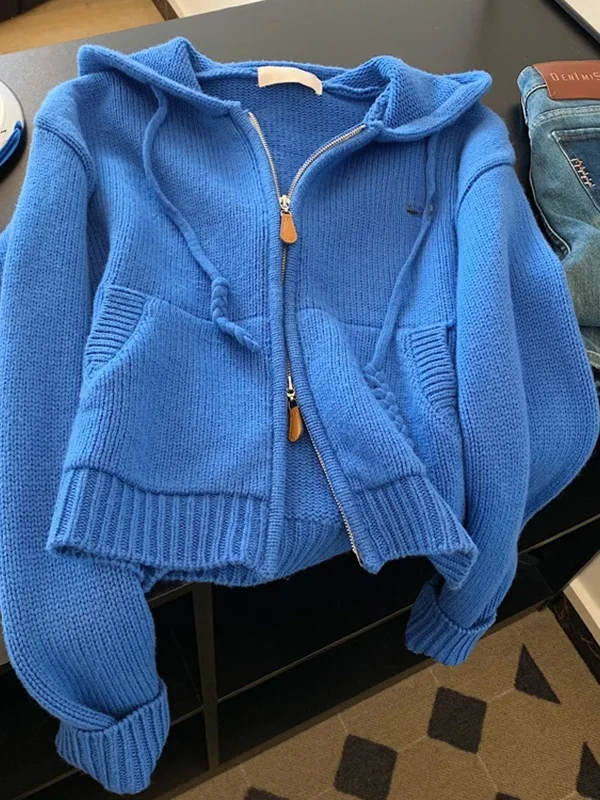 

Blue Loose Knitted Cardigan Women's Faion Design Double Zipper Hoodie Sweater Outerwear Slimming Top Small Size Friendly