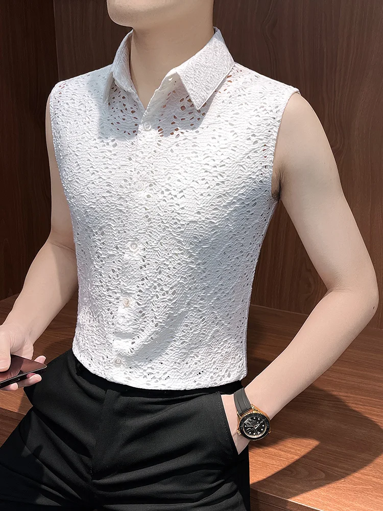 2025 Sexy Hollowed Out Sleeveless Shirts Men Summer Ice Silk Breathable casual shirt Stage Performance Nightclub Vest Shirts