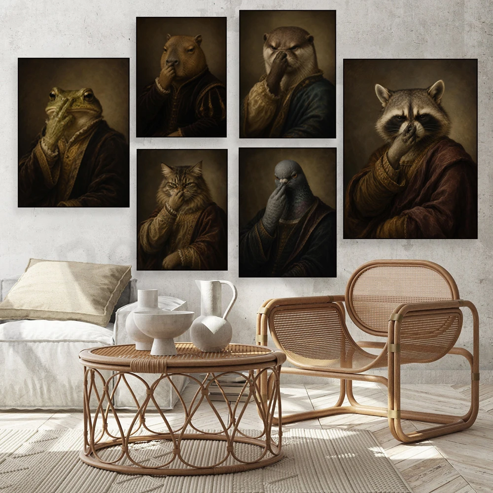 Anthropomorphic Renaissance-era portraits of geese, pugs, pigeons, cats, seals, rabbits, and raccoons; humorous bathroom posters