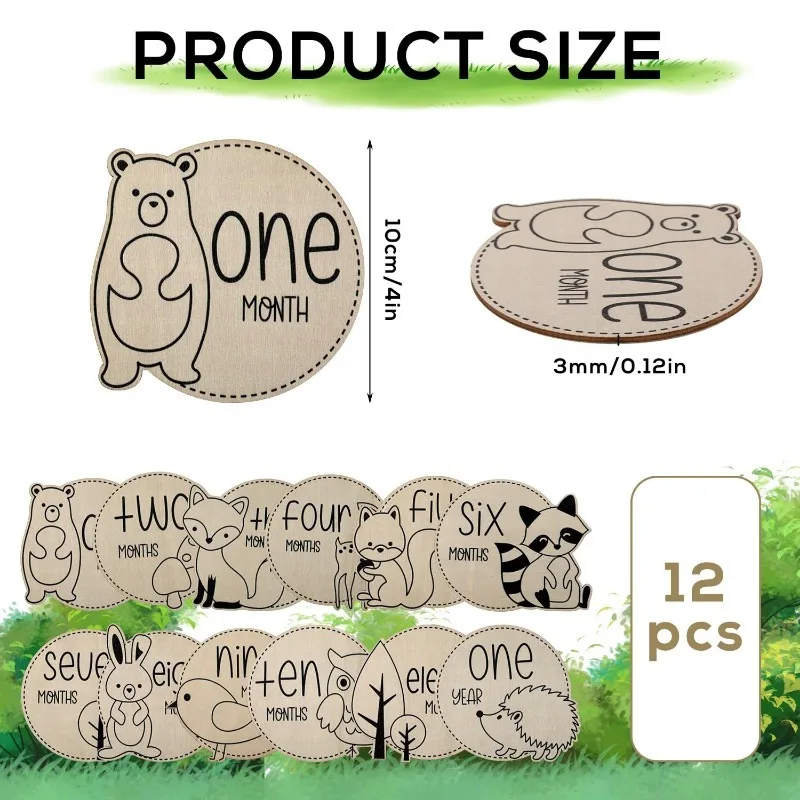 12 Pcs Wooden Baby Milestone Cards with Linen Bag Baby Monthly Milestone Marker Discs Signs Baby Announcement Cards Photo Props