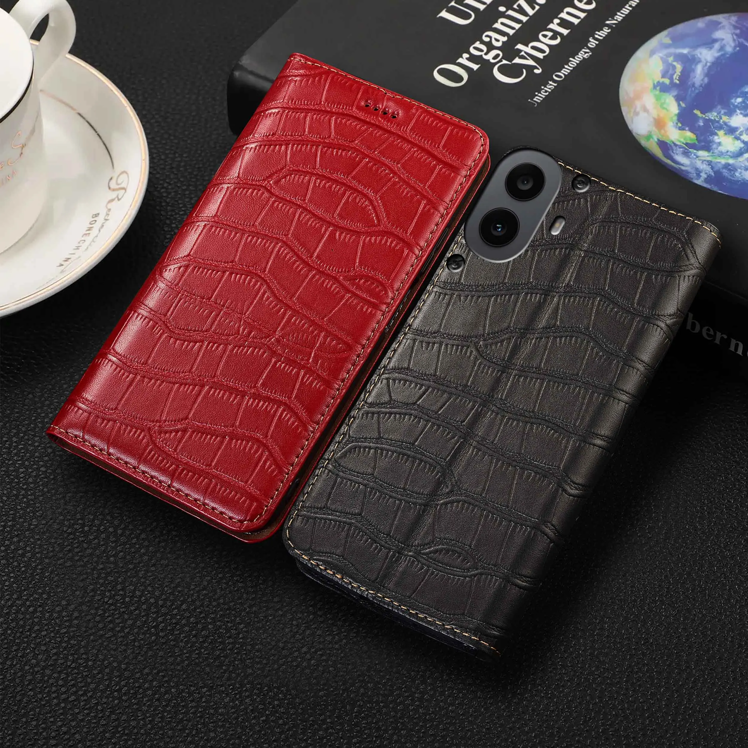 

For Nothing CMF Phone 1 2 2A 3 3A Pro Plus Crocodile Belly Pattern Of Genuine Leather Flip Phone Cover Case Cowhide ScratchProof