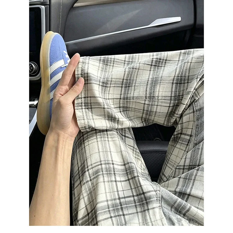 Men's Retro Corduroy Casual Loose Plaid Straight Leg Pants Autumn High Street Trend All-Match Student Versatile Long Trousers