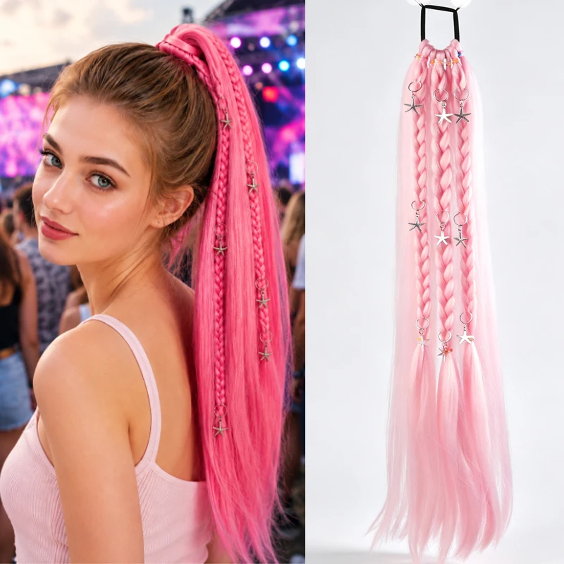 24inch Star Charm Colorful Braided Ponytail Hair Extensions, Synthetic Hair Braid Hair Tie for Party Cosplay