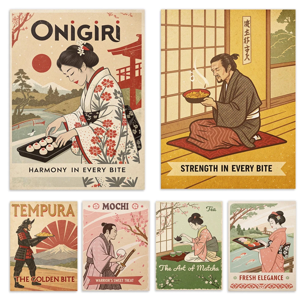 Impresión japonesa vintage, fideos udon, tempura, comida samurái, arte de vendedor ambulante japonés, cartel de decoración de cocina sakura