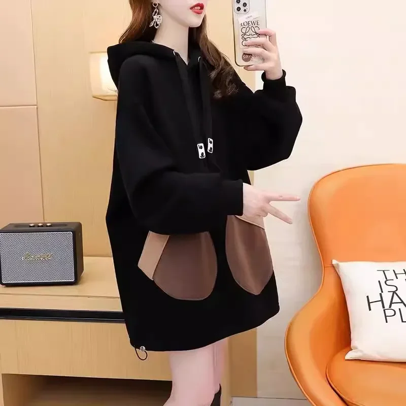 

Autumn Winter Plus Velvet Thicke Hooded Sweatshirt Women's Outwear Elegant Mid-length Loose Long-Sleeved Sweatshirt Coat Top