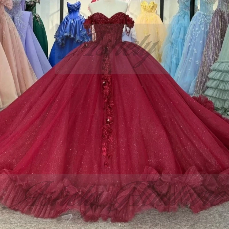 Alta qualidade vermelho feminino vestido de festa de casamento contas rendas até vestido de baile tule baile ocasião especial quinceanera 15 16 menina personalizado