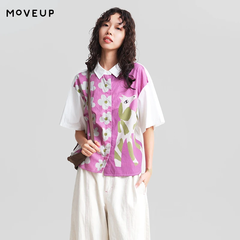 

MOVEUP Women's Fun Printed Short Sleeve Shirt Spring 100 Cotton Color Block Turn-Down Collar Casual Button Up Shirts 3ELC20440