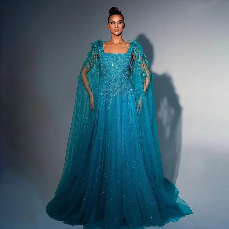 

A-line Prom Dresses Capes Feather Appliques Sequins Beaded Floor Length Beads Evening Dress Bridal Gowns Custom Made