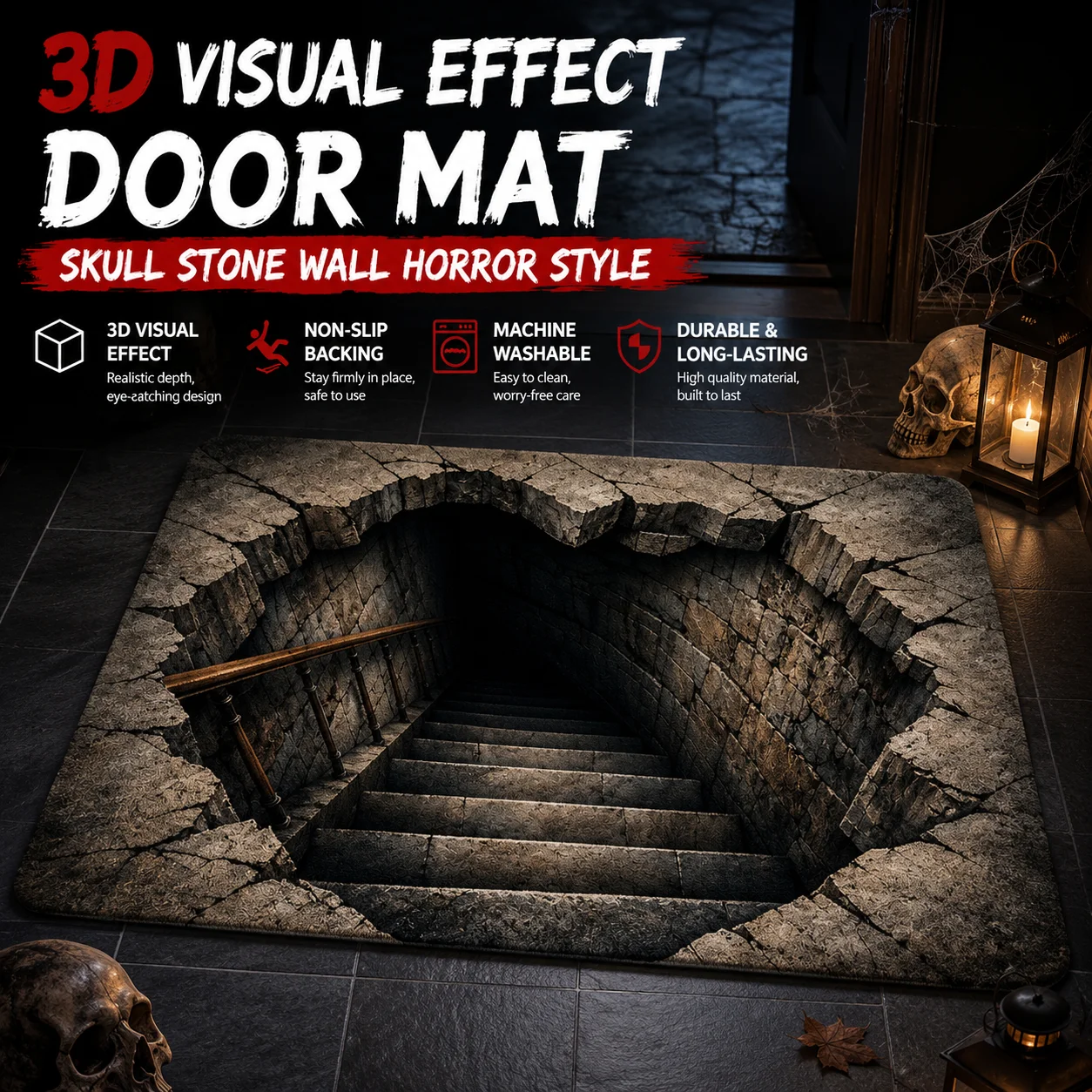 3D Visual Effect Floor Mat Skull Stone Wall Horror Style Trap Carpet Door Mat Washable Durable Anti-slip Rugs Home Decoration