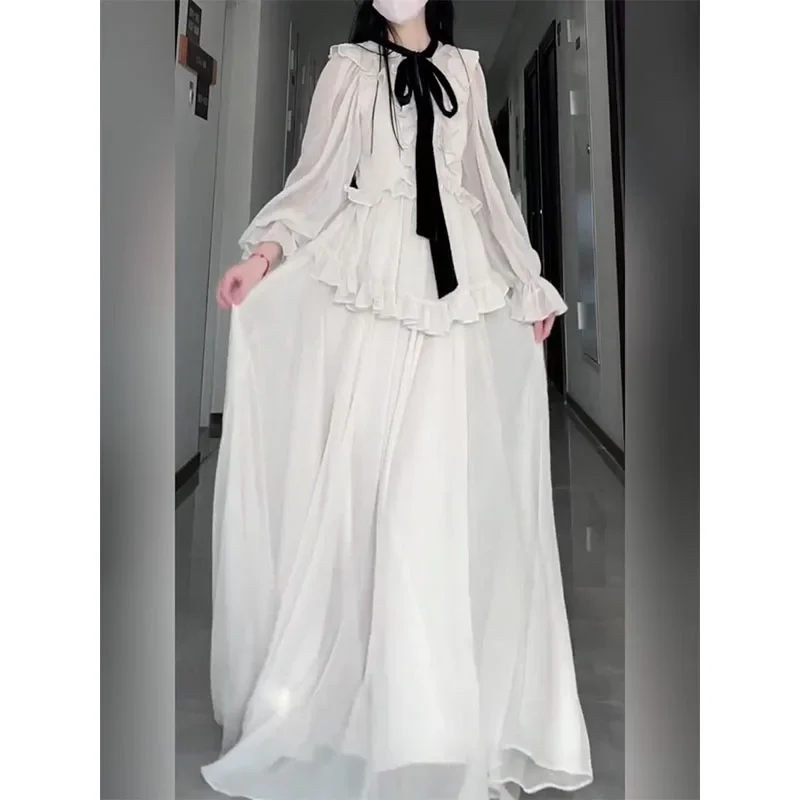 

French Ruffled Temperament Long-sleeved Chiffon Dress with Elegant Waist-hugging and Slim Fairy Long Dresses 2025 Hot Sale
