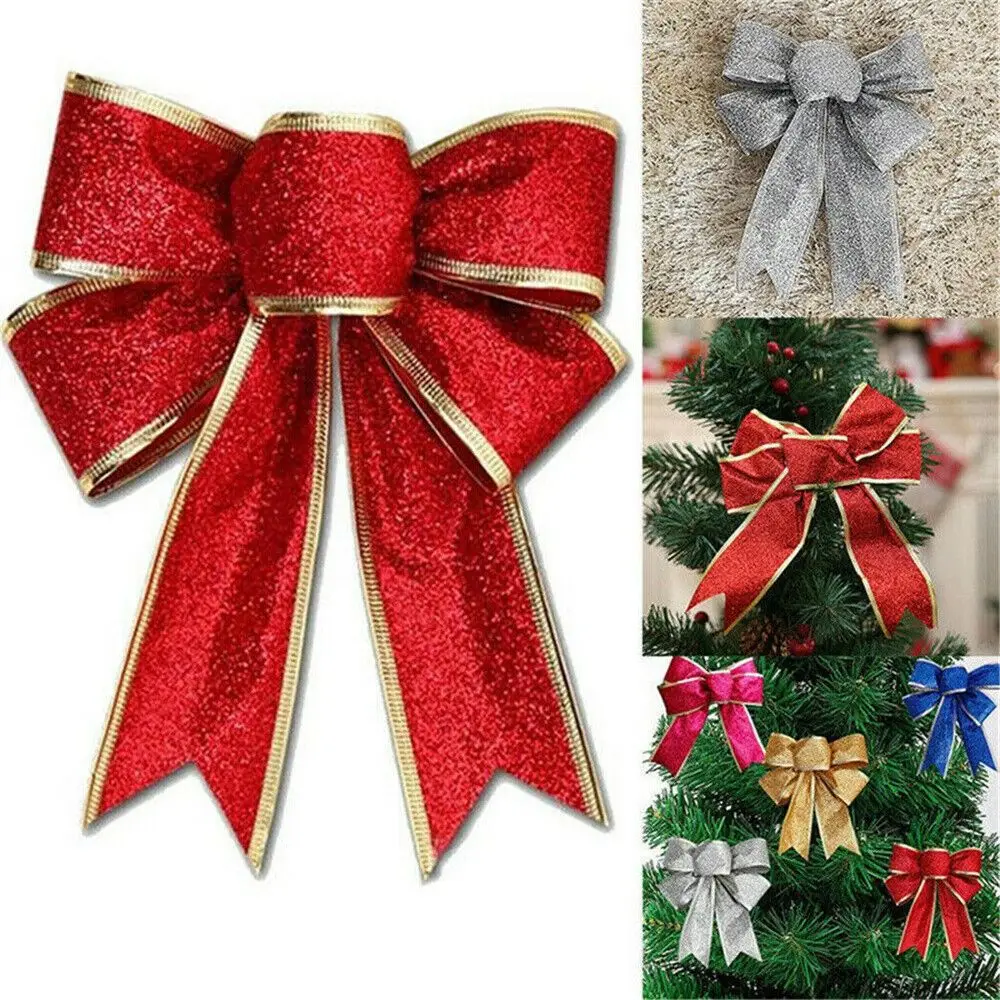 25cm Cute Christmas Tree Bows Large Ribbon Bownot Party Gift Present Wreaths Xmas Decor Red Bows Giltering Ornament