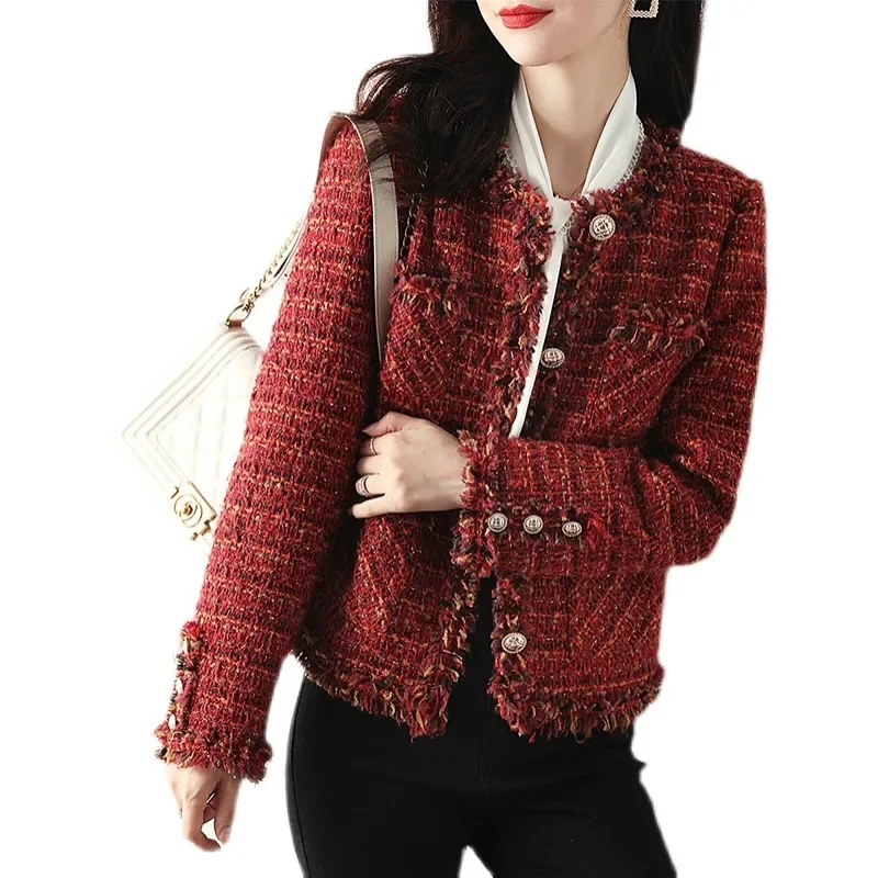 2025Spring Autumn New Jacket Women Korean Retro Small Fragrance Coat Female Western Tweed Plaid Outerwear Short Trend Ladies Top