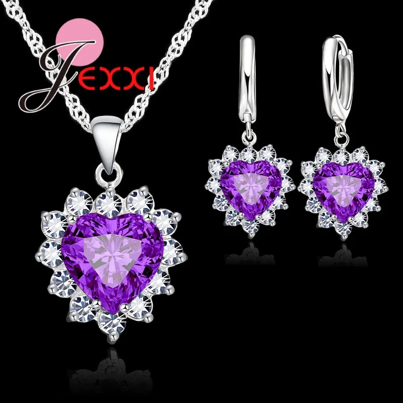 New Fashion 925 Sterling Silver Cubic Zirconia Necklace Loop Earring Jewelry Sets Romantic Heart Lover Wedding Gifts