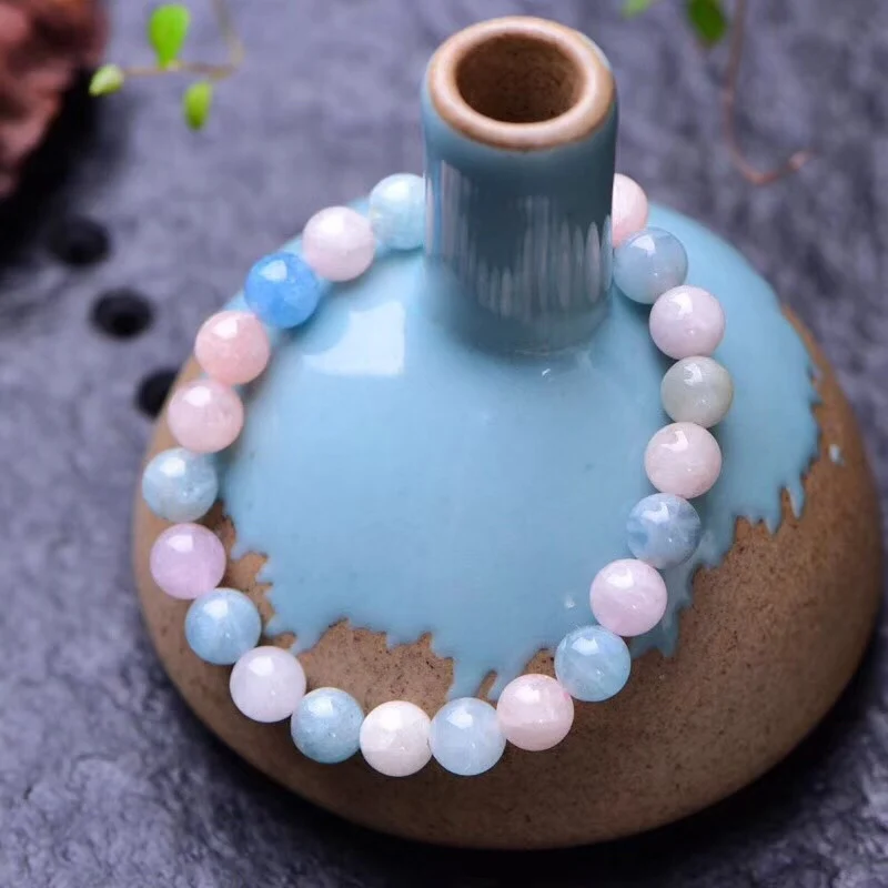 Natural Round Beads Morganite Bracelet 8mm Simple Single Circle Colorful Gemstone Bracelet  For Women