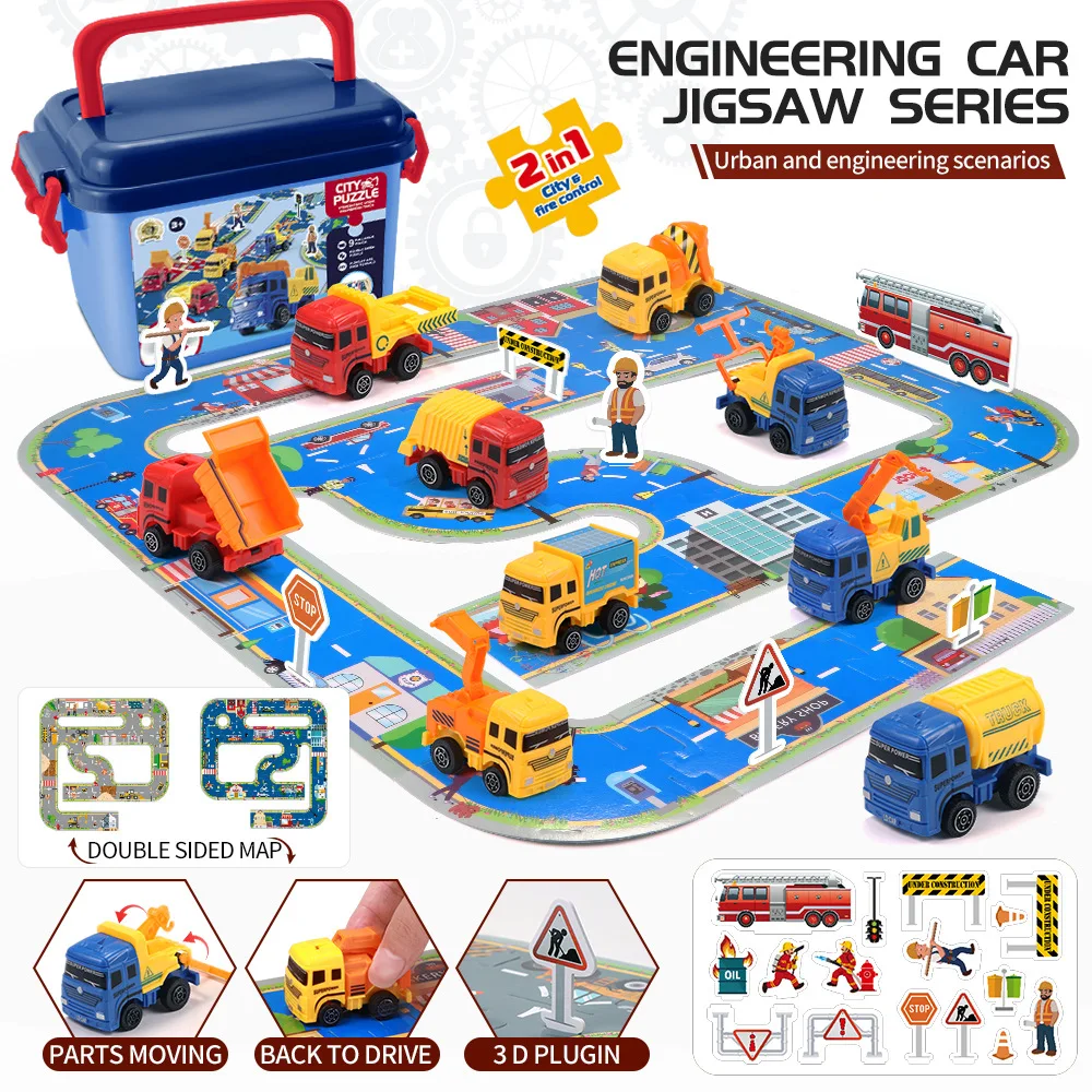 9PCS  Mini Model Pullback Engineering Vehicle Toy for Kids DIY Puzzle Track Car Toy City Map Scene Building Toys for Boys Gift