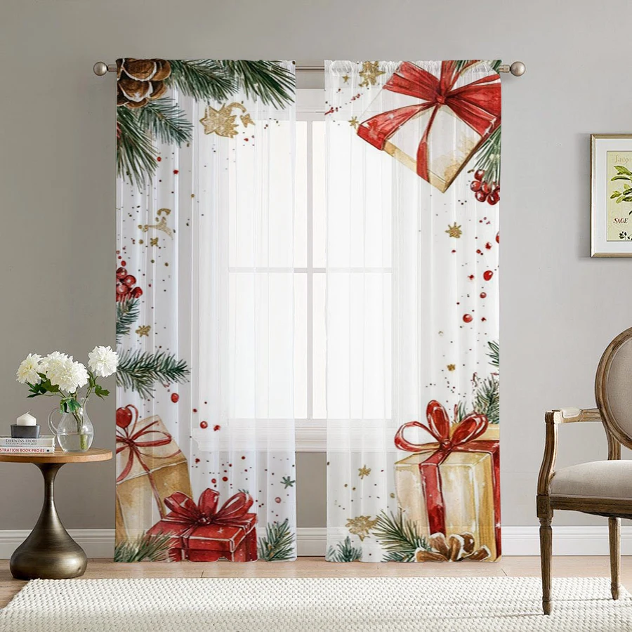 Home Decor Xmas Gifts - 2 cortinas transparentes navideñas, guirnalda con