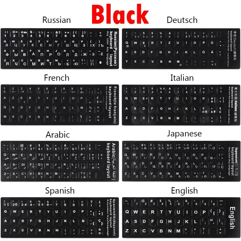 English Russian Arabic French Japanese Keyboard Replacement Stickers White on Black Any PC Computer Laptop