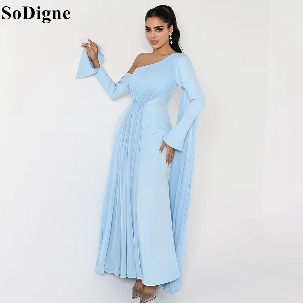 

SoDigne Elegant Sky Blue Evening Dresses Mermaid One Shoulder Chiffon Ribbon Draped Party Dress Ankle Length Prom Gown Customize