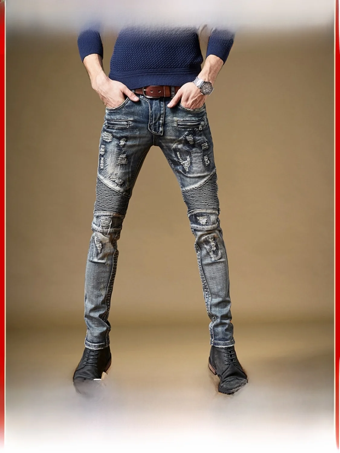 

Retro Distressed Slim Fit Men's Jeans Spring Autumn New Style Fashion Brand Patchwork Motorcycle Long Pants Cotton Stretch Denim