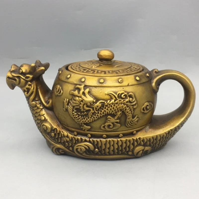 

Antique Bronze Collection Pure Copper Brass Smooth Sailing Dragon Teapot Ornament Tea Pot Wine Pot Weight Approx768Gram