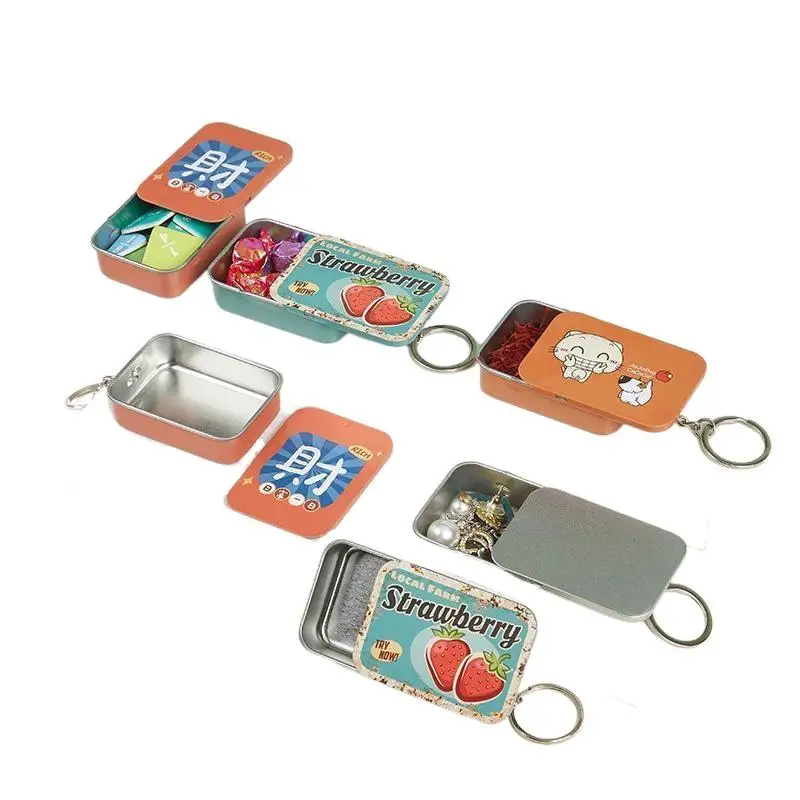 1Pc Rectangular Slide Top Containers Push-Pull Tin Box For Lip Balm Empty Metal Storage Boxes With Sliding Lids With Keyring