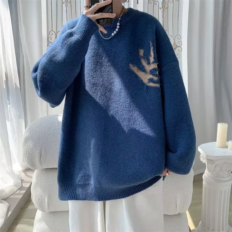 

American Sle Hole Knitwear Loose Men's Autumn Winter Polyester Fiber Warm round Ne Long Sve Casual Faion Sweater