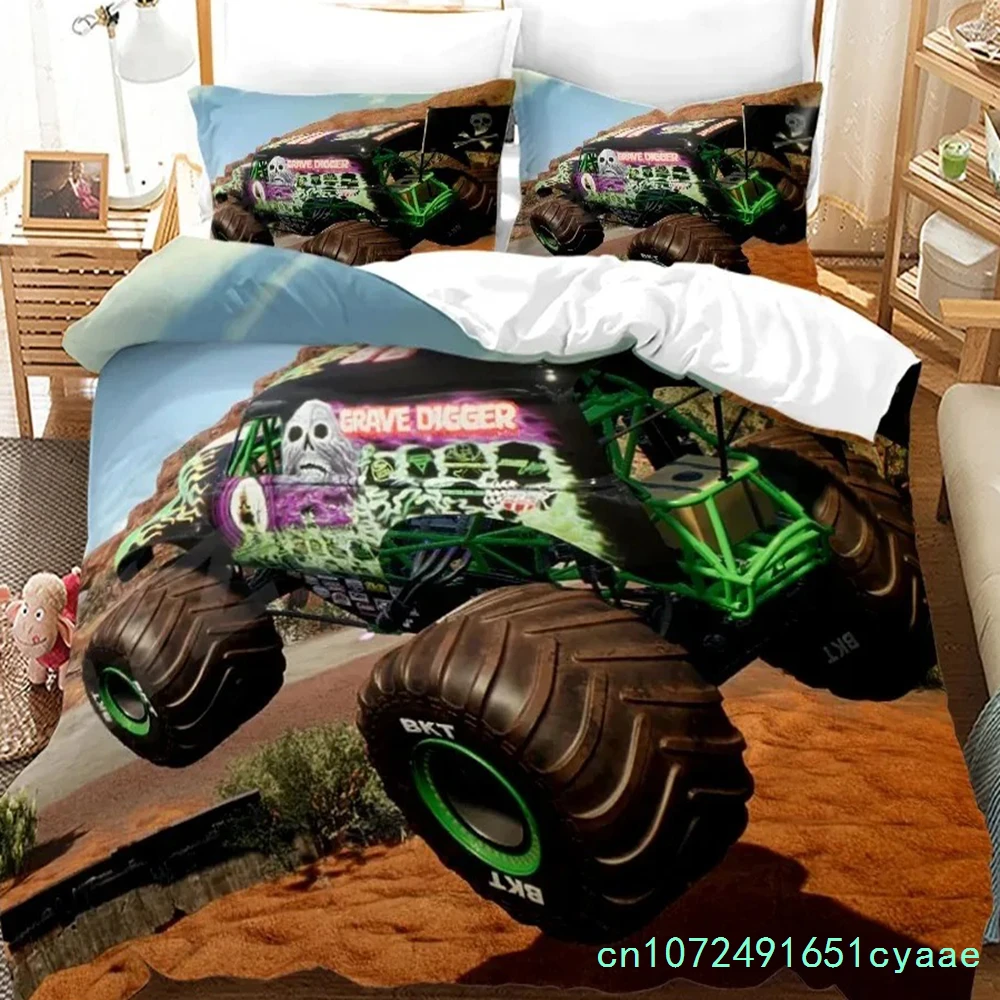 モンスタートラック寝具セット、トラック用掛け布団カバーセット、自動車用ブルーモンスターピックアップトラックキルトカバー、ポリエステル製枕カバー