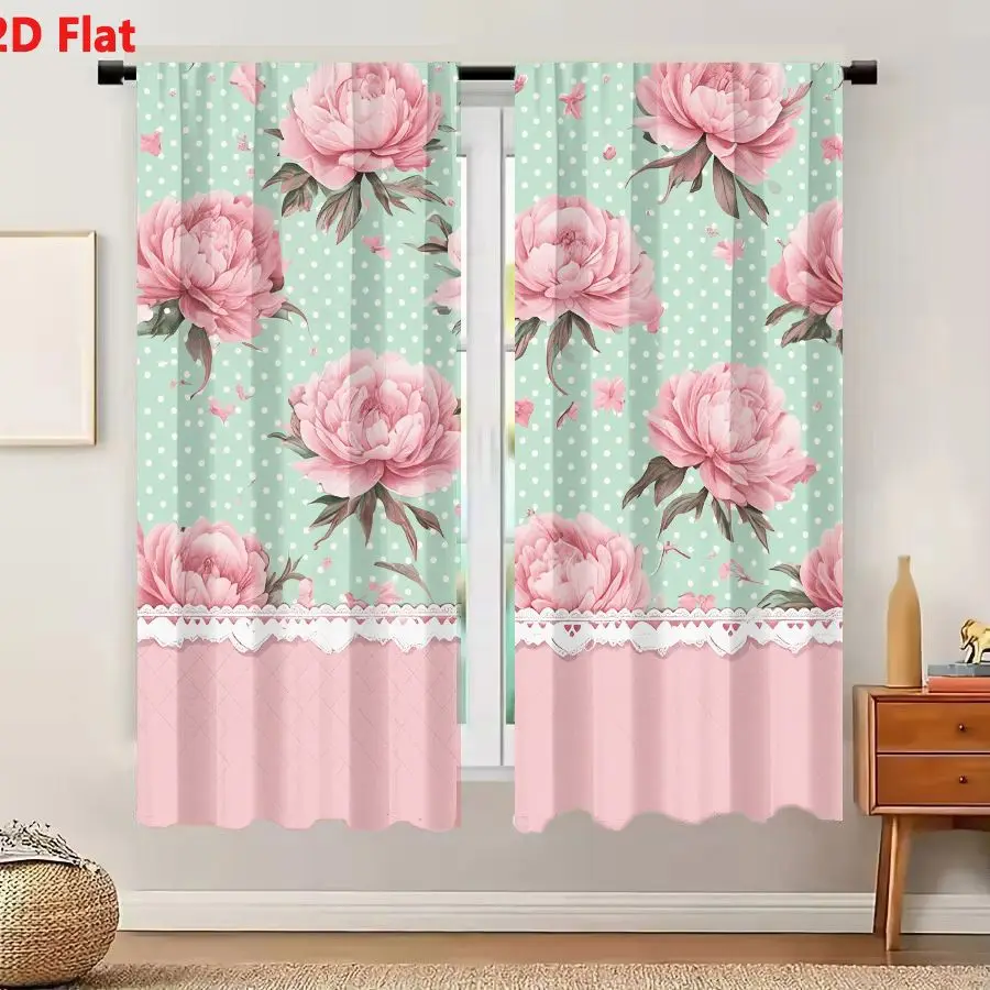 2Pcs Curtains 2D Flat Pastel Polka Dot Peony Lace Heart Pattern Shabby Chic Decorative Design Window Drapes for Bedroom Room Dec