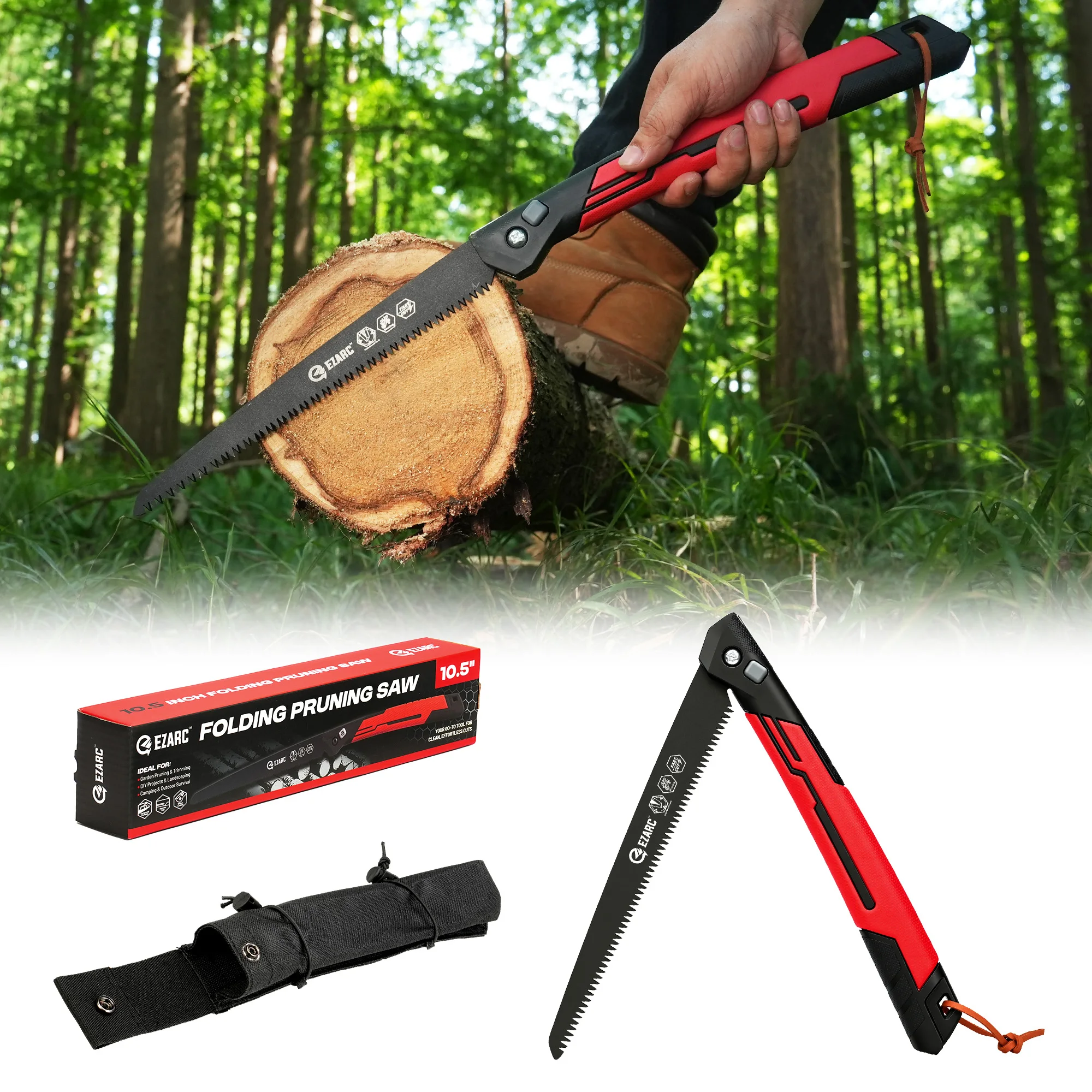 EZARC 10.5 Inch Folding Pruning Saw, Red Hand Saw with Storage Pouch, 7TPI Triple-Ground Teeth SK5 for Tree Wood Bamboo Plastic