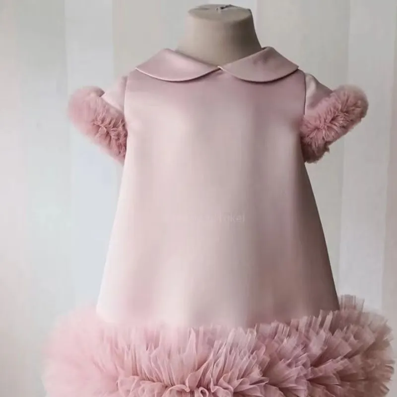 Baby Girl Princess Silk Mesh Dress Short Sleeve Infant Toddler Vestido Peter Pan Collar Party Pageant Birthday Frocks 1-12Y