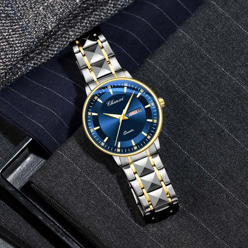 CHENXI Men's Quartz Business Casual Watch Minimalist Stainless Steel Strap Luminous Date Curved Mirror Display Man Watches