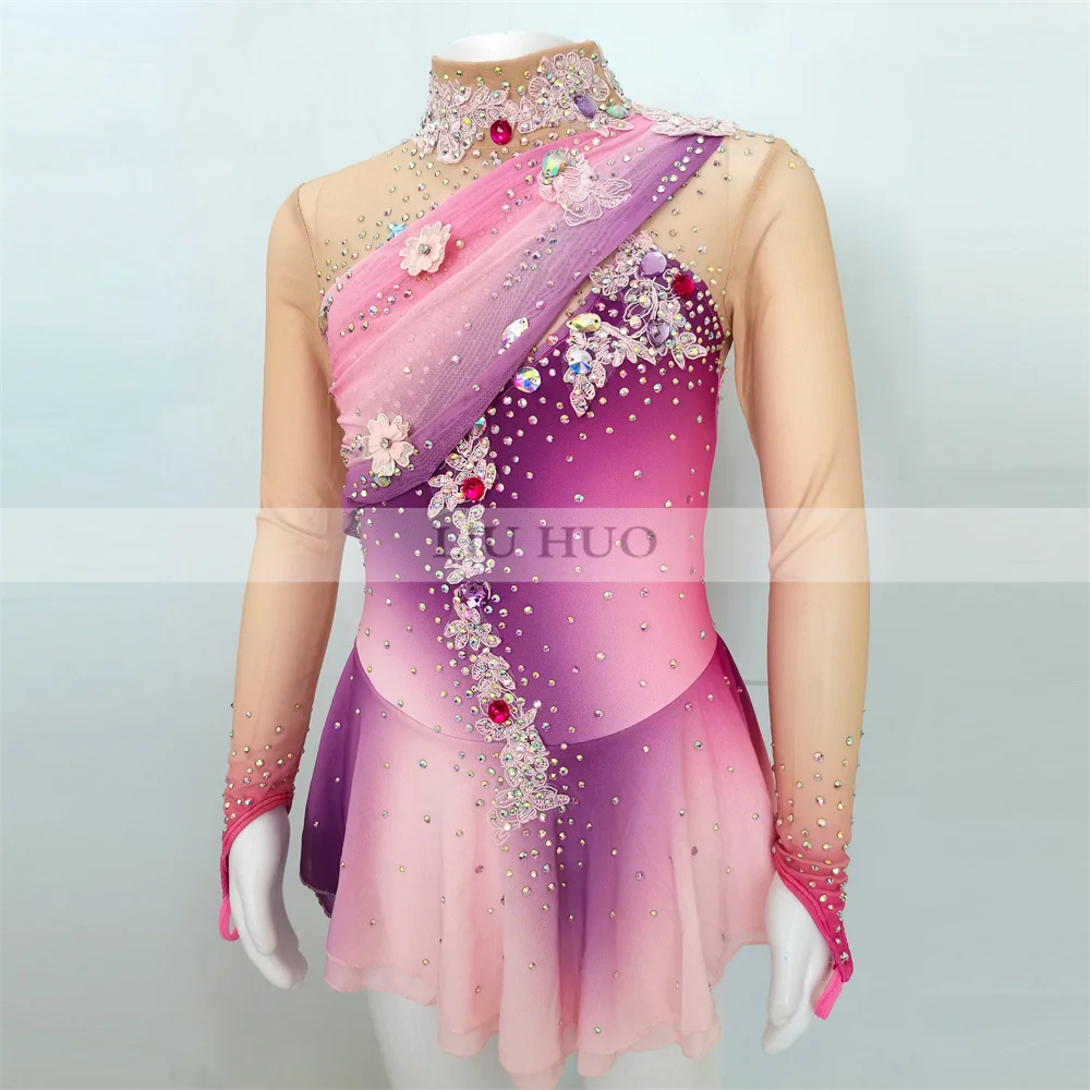 LIUHUO Ice Figure Skating Dress Flowers Women Aldult Girl Customize Costume Performance Competition Dance Teens Gradient Pink