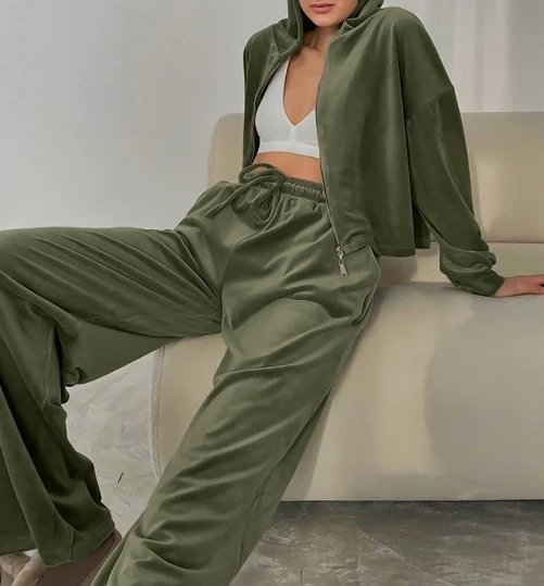 Two Piece Set Women Outfit Spring Autumn Fashion Velvet Long Sleeved Zipper Hoodie & Casual Pocket Wide Leg Sports Pants Set