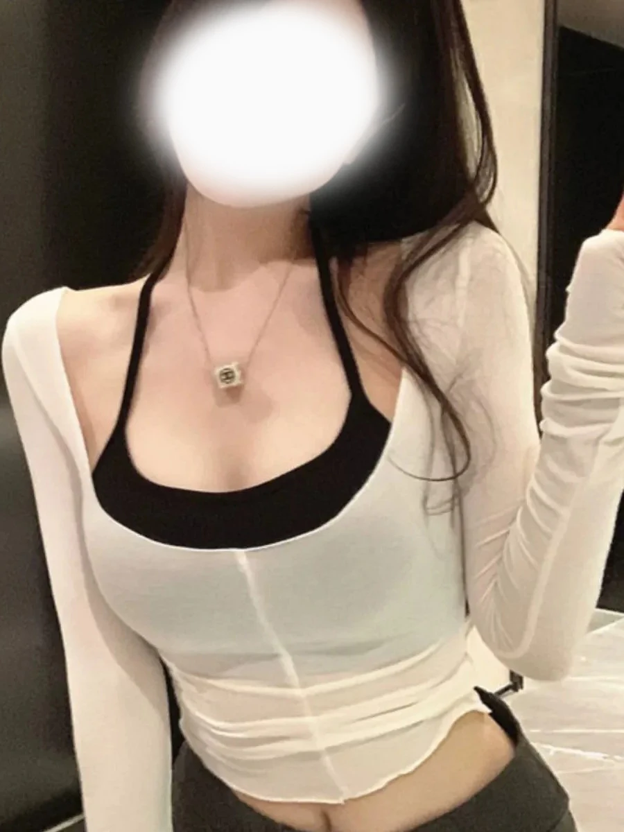 Slim Fit Long Sleeve Sun Protection T-Shirt Women's Sexy Neck Hanging Top Two Piece Set Commute Style Korean Version Short Le...
