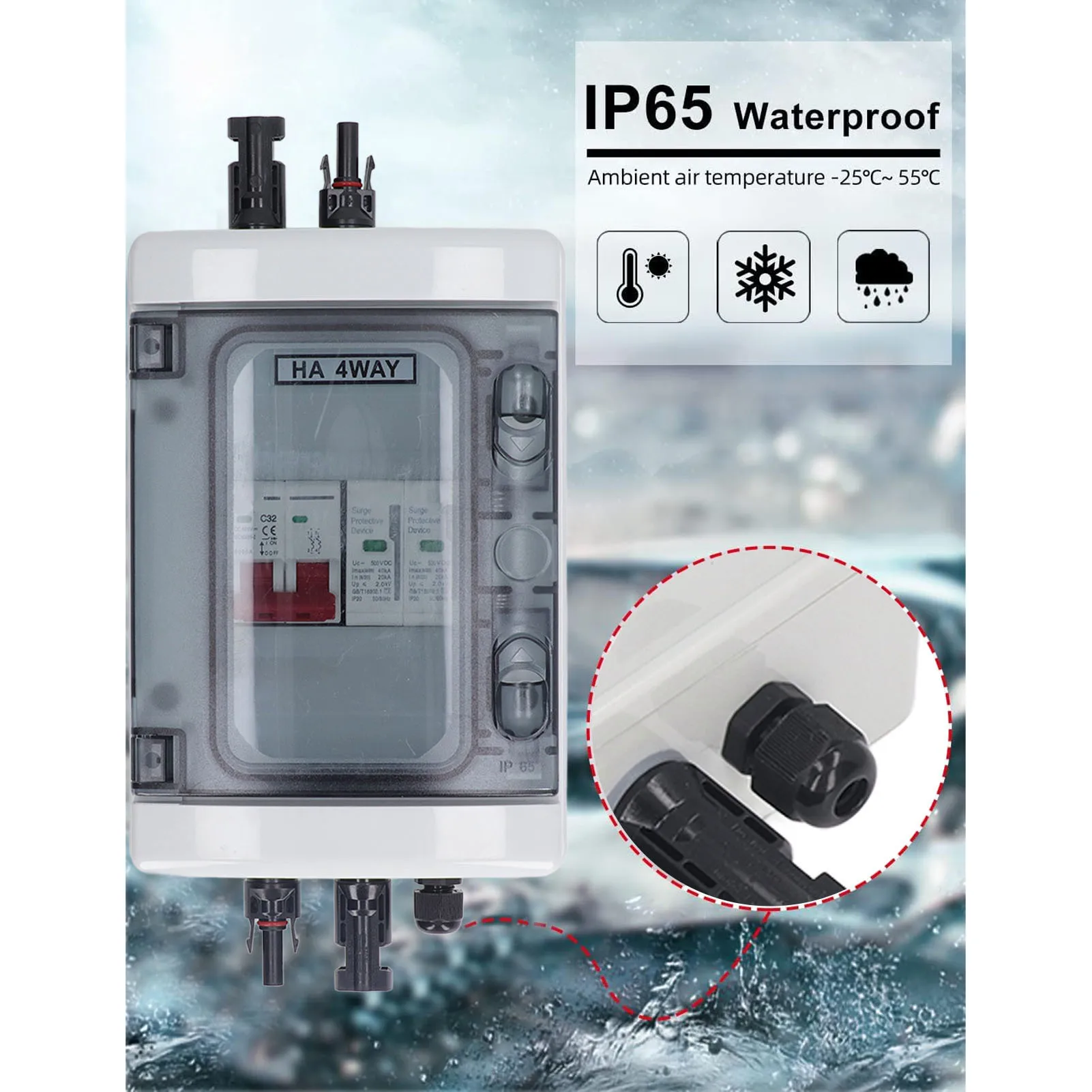PV Combiner Box IP65 Waterproof Solar Photovoltaic Combiner Box with DC500V 32A Circuit Breaker Surge Protector image 3