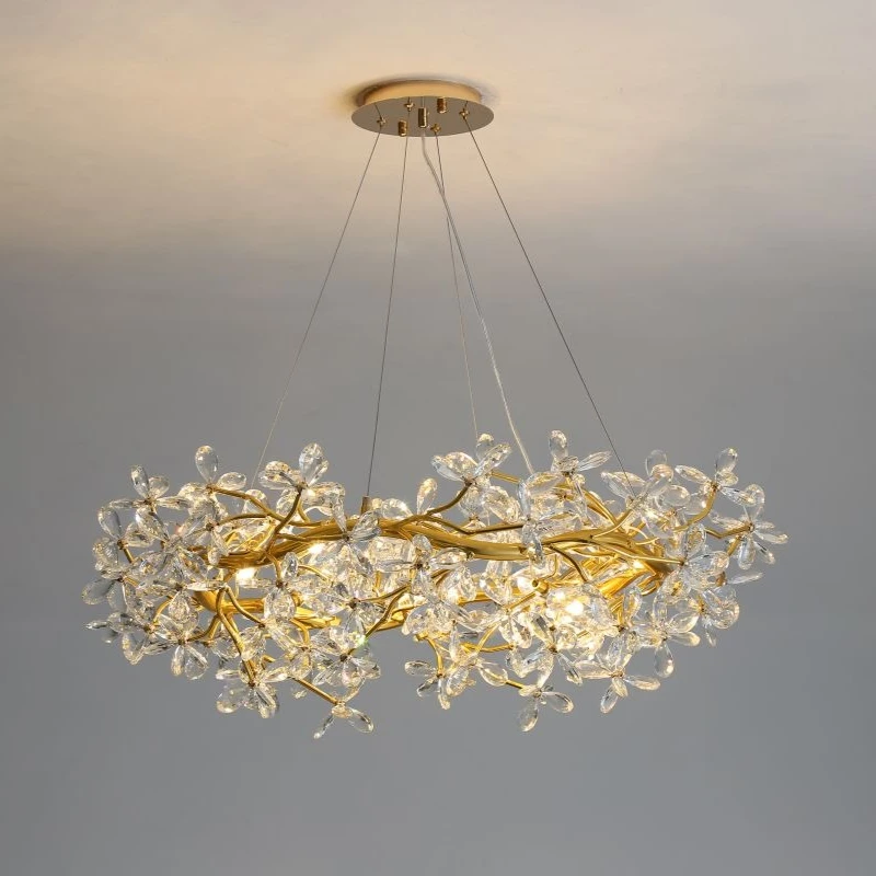 

Gold Crystal Chandelier for Living Room Dining Room Decor Adjustable Hight Branch Shaped Modern Flower Pendant Lights Fixture
