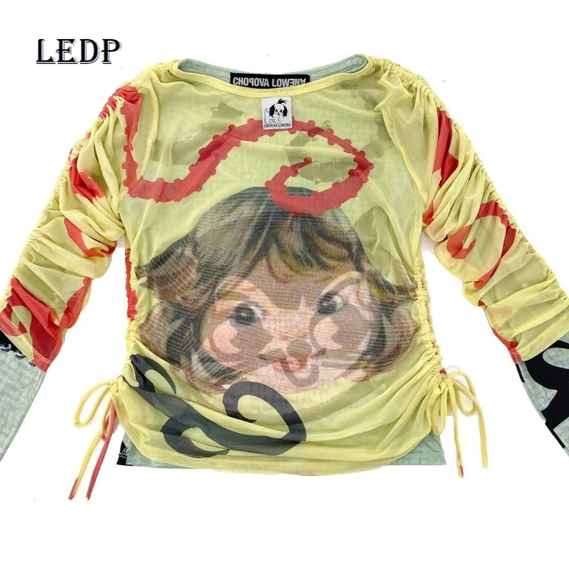 

European American Sweet Spicy Personalized Women's Long-sleeved Top Autumn New Double-layer Mesh Yarn Drawstring T-shirt Ladies