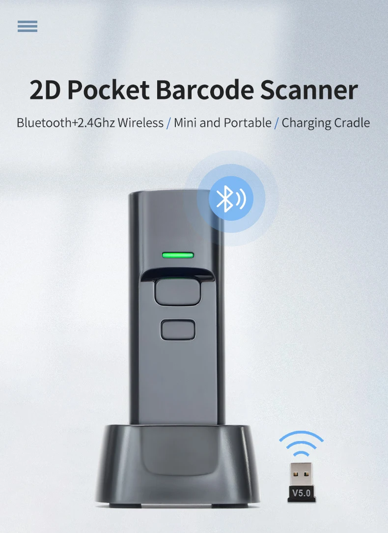Portable Mini USB 1D 2D Bar Code Scanner with 2.4G for Bluetooth & Wired Interface QR Code Inventory Scanner Products in Stock