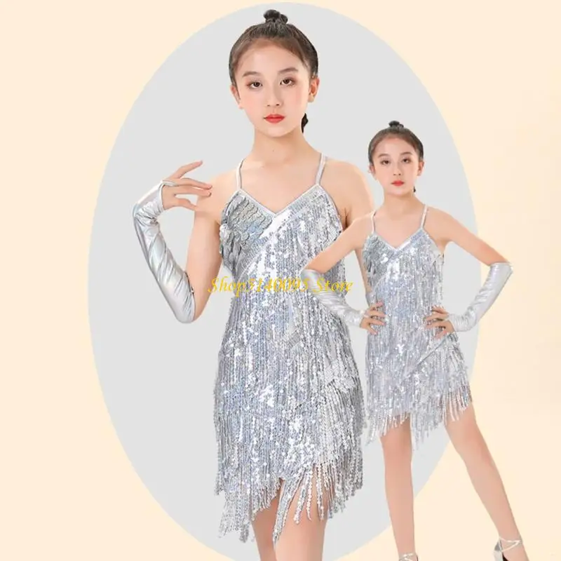 dxae 라틴 댄스 드레스 술 술 살사 댄스웨어 스팽글 프린지 드레스 현대 볼룸 차차 댄서 의상 아이